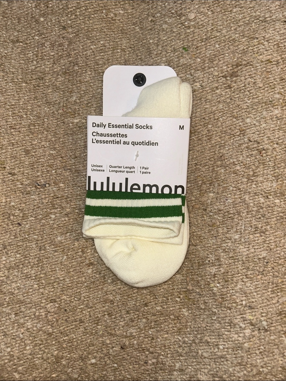 lululemon athletica Cream Quarter Socks with Green Stripe